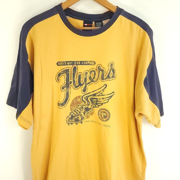 Bugle Boy Flyers Graphic T-Shirt Men's Large Mustard Yellow Navy Blue Distressed - Picture 1 of 9
